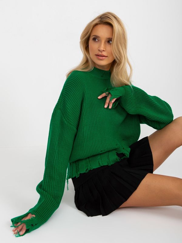 Fashionhunters Green loose asymmetrical sweater with holes from RUE PARIS