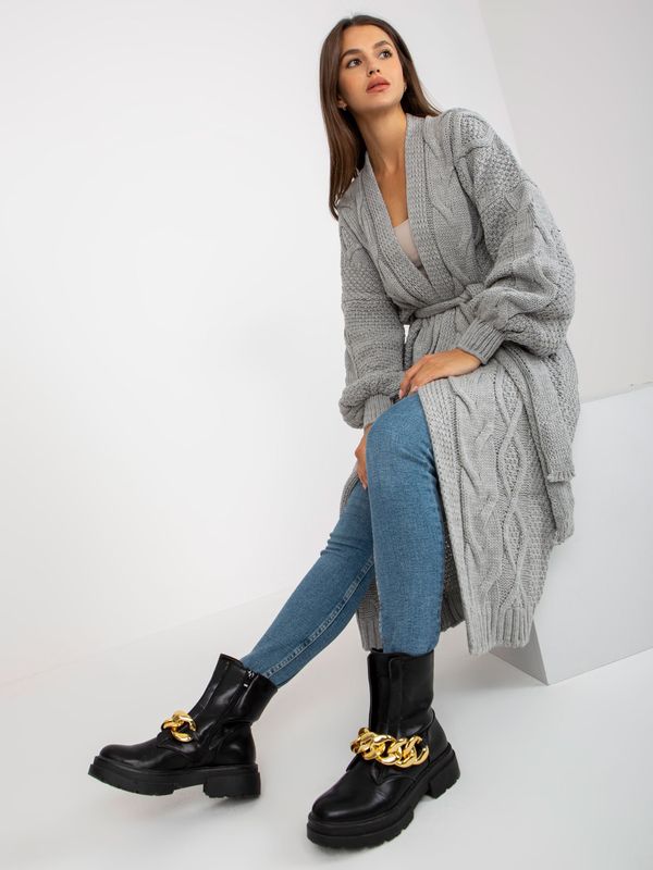 Fashionhunters Grey long cardigan with binding RUE PARIS