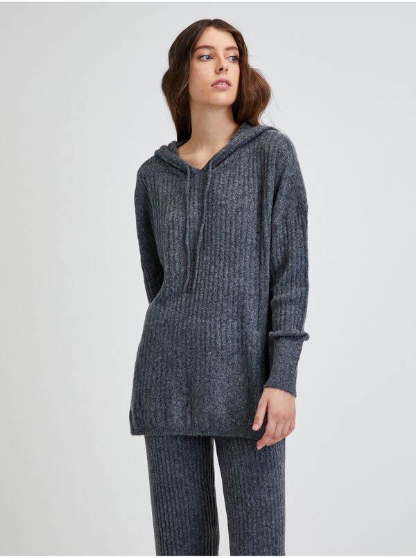 Noisy May Grey Ribbed Hooded Sweater Noisy May Ally - Women