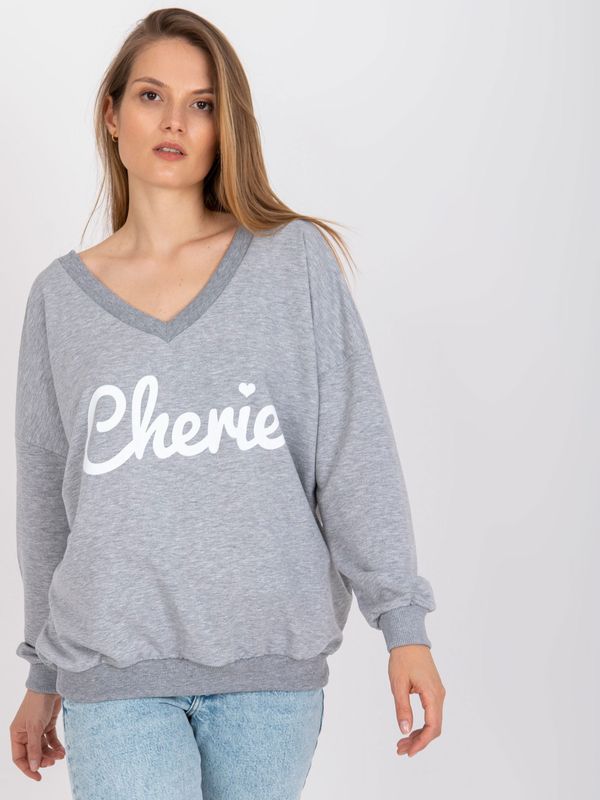 Fashionhunters Grey-white oversize sweatshirt with print and V-neck