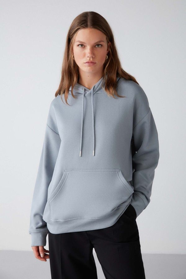 GRIMELANGE GRIMELANGE Adel Women's Organic Cotton Polar Fleece Soft Relaxed Kangaroo Pocket Hooded Blue Sweatshirt