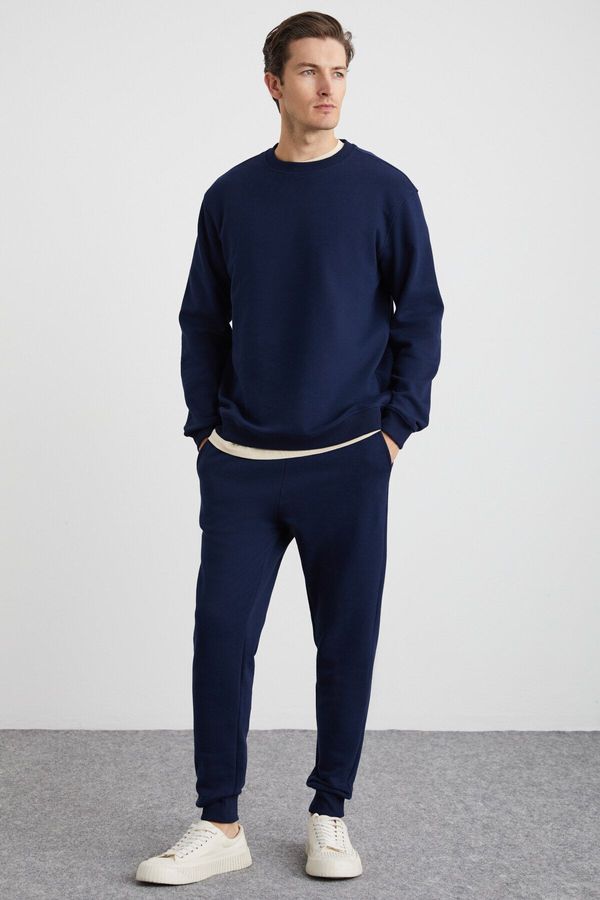 GRIMELANGE GRIMELANGE Adens Men's Regular Soft Premium Fabric 3 Yarn Ribbed Elastic Leg Navy Blue Sweatpants