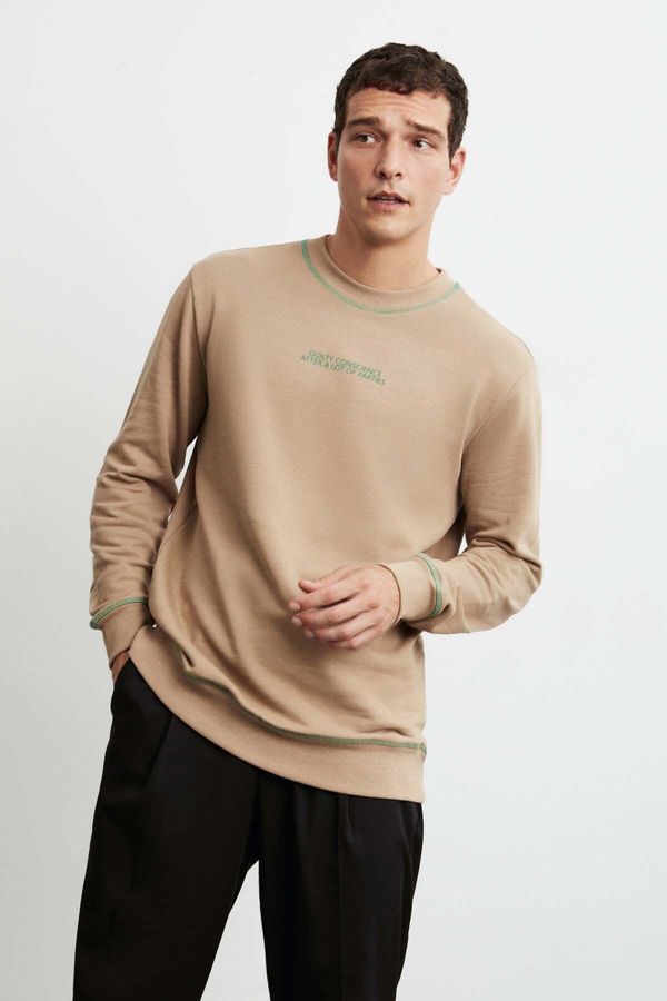 GRIMELANGE GRIMELANGE Albert Men's Round Neck Fleece Printed And Contrast Stitched Beige Sweatshir