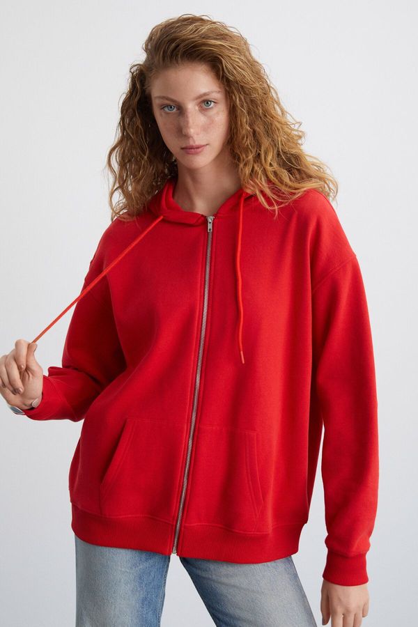 GRIMELANGE GRIMELANGE Alena Women Oversize Organic Cotton Metal Zipper Hooded Polar Fleece Inside Red Sweatshirt