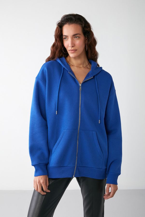 GRIMELANGE GRIMELANGE Alena Women's Kangaroo Pocket Oversize Basic Kangaroo Pocket Saks Blue Sweatshirt