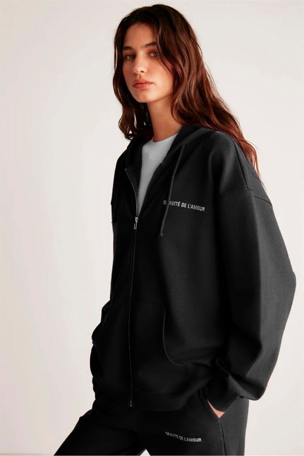 GRIMELANGE GRIMELANGE AMETIS Women's Fleece Embroidered Text Detailed Organic Cotton Oversize Hooded Black Sweatshir