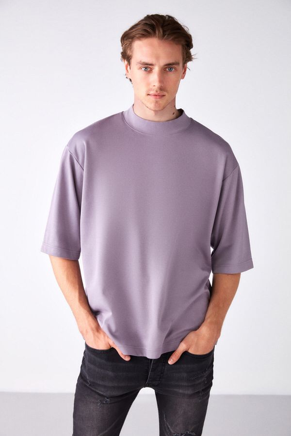 GRIMELANGE GRIMELANGE Ascolı Men's Oversize Fit Special Thick Textured Fabric High Collar Lilac T-shirt