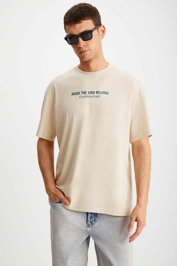 GRIMELANGE GRIMELANGE Bastıan Men's Back Print Detailed Oversize 100% Organic Cotton Knitted Short Sleeve Beige T-Shirt