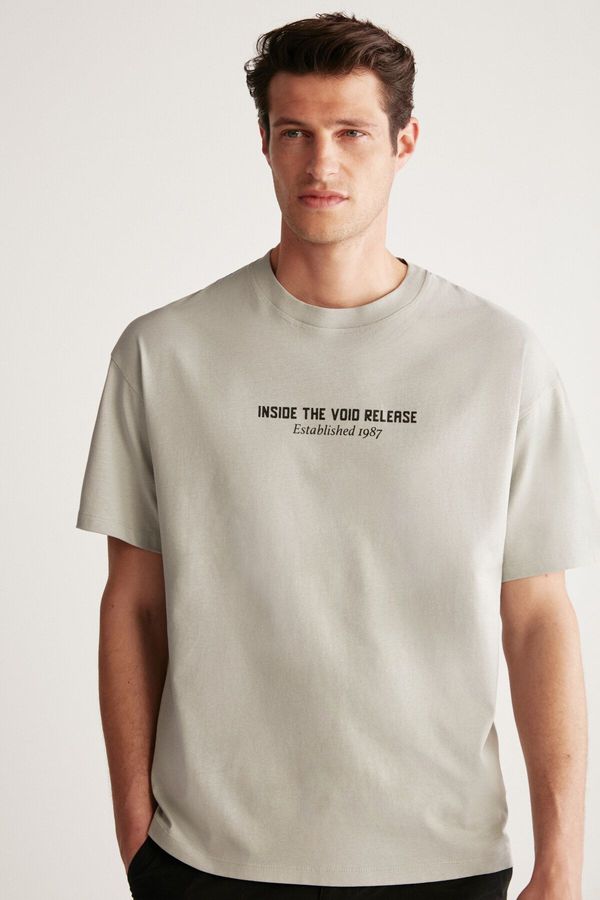 GRIMELANGE GRIMELANGE Bastian Men's Oversize Fit 100% Cotton Thick Textured Printed Gray T-shir