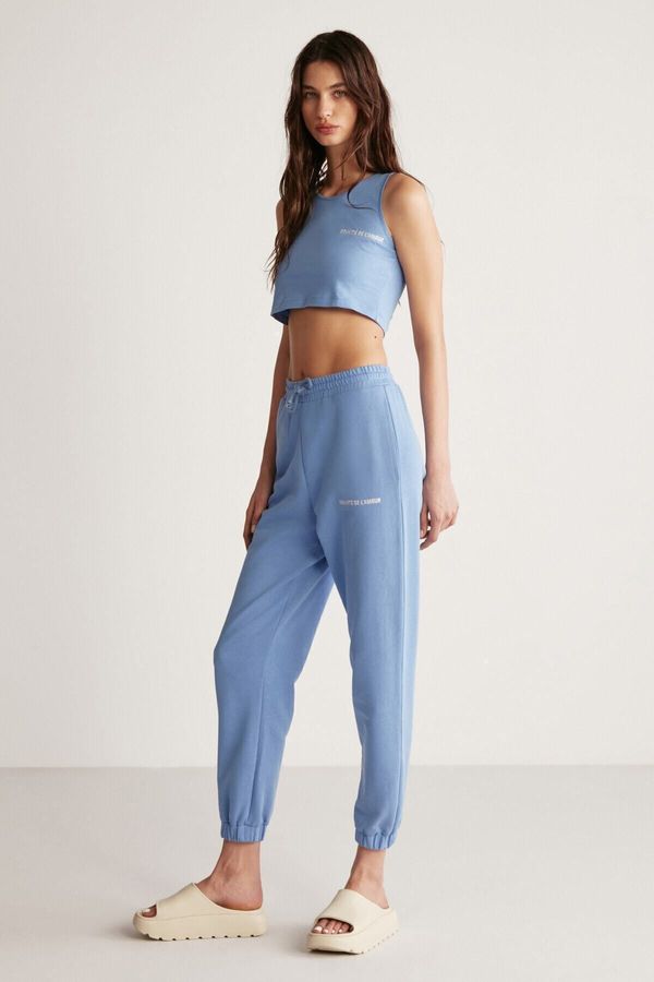 GRIMELANGE GRIMELANGE Carroline Women's Relaxed Cut Embroidered Blue Sweatpants with Elastic Waist and Leg