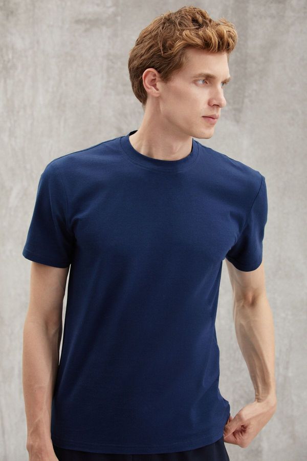 GRIMELANGE GRIMELANGE Chad Men's Slim Fit Ultra Stretchy Short Sleeve Round Neck Navy Blue T-Shirt