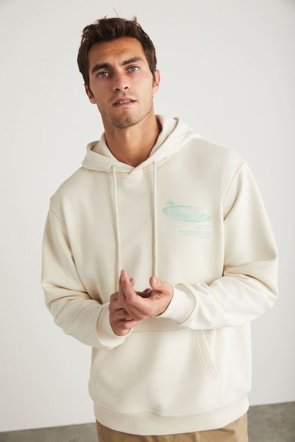 GRIMELANGE GRIMELANGE Claude Men's Hooded Print Detail Stone Color Sweatshirt with Kangaroo Pocke