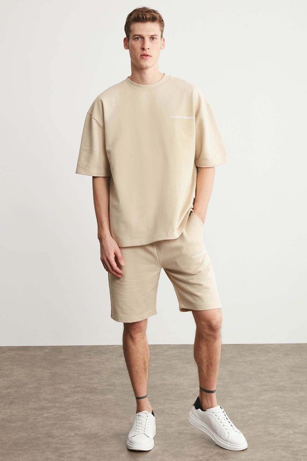 GRIMELANGE GRIMELANGE Colombia Men's 2-Piece Set Comfort Fit Comfortable Fit Text Embroidered Non-Rated Beige Tracksuit Se