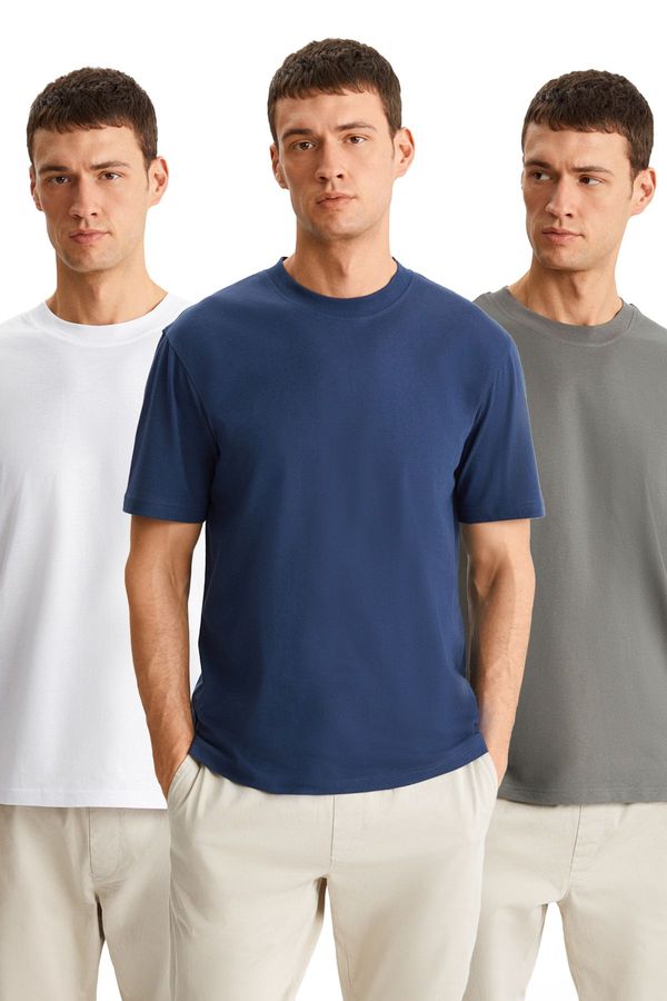 GRIMELANGE GRIMELANGE Cultıvated Men's 3-Piece Thick Textured Regular 100% Organic Cotton Byz/Grey/Navy T-Shirt