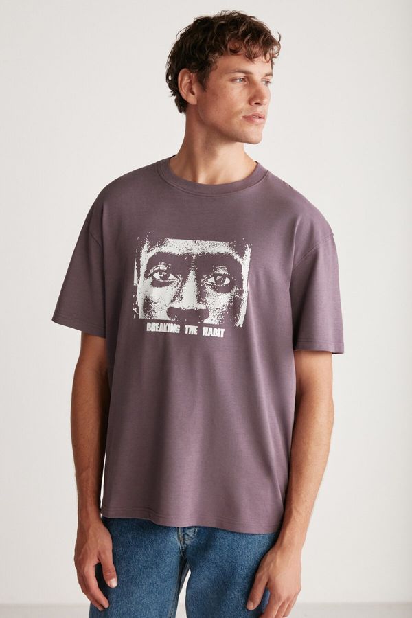 GRIMELANGE GRIMELANGE Drake Men's Oversize Fit 100% Cotton Thick Textured Printed T-shirt