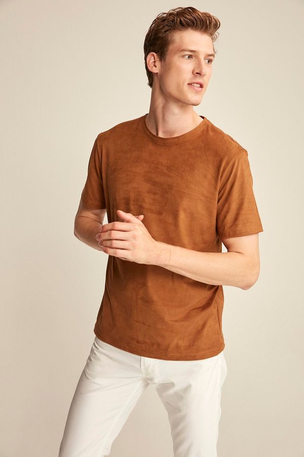 GRIMELANGE GRIMELANGE ENZO Brown Suede Men's Basic Slim Fit T-shirt.