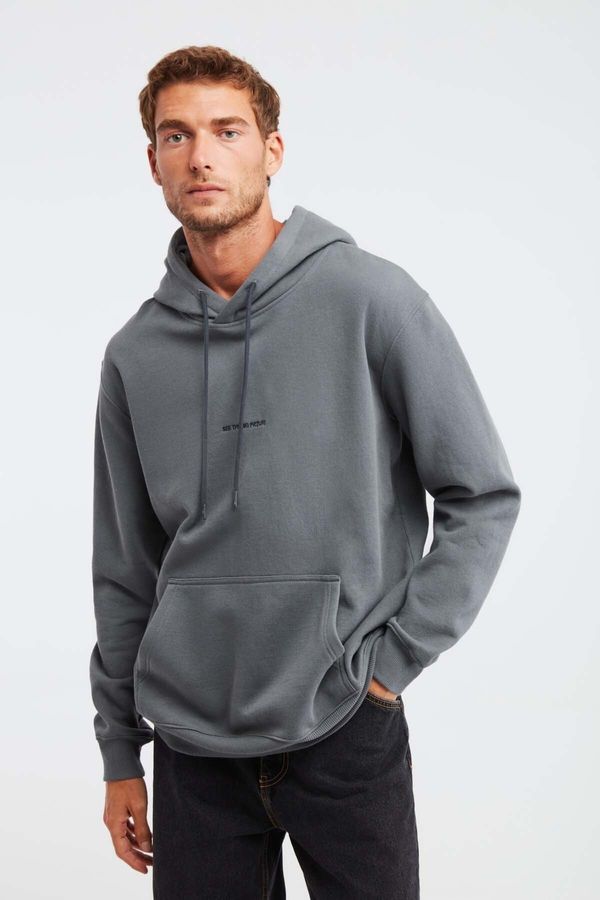 GRIMELANGE GRIMELANGE Epic Men's Soft Fabric Hooded Drawstring Regular Fit Embroidered Light Gray Sweatshirt