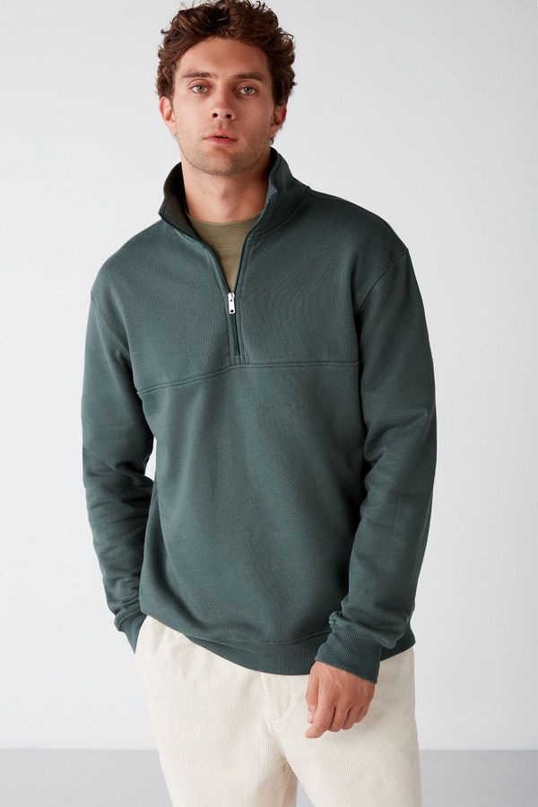 GRIMELANGE GRIMELANGE Frame Men's Half Zipper High Neck Soft Fabric Fleece Green Sweatshirt