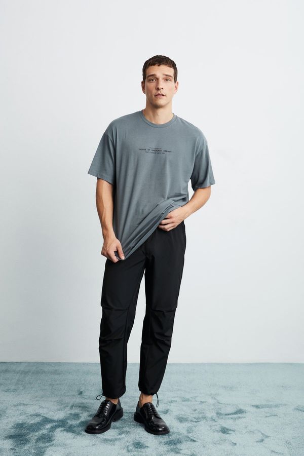 GRIMELANGE GRIMELANGE Frank Men's Oversize Fit 100% Cotton Thick Textured Printed Gray T-shirt
