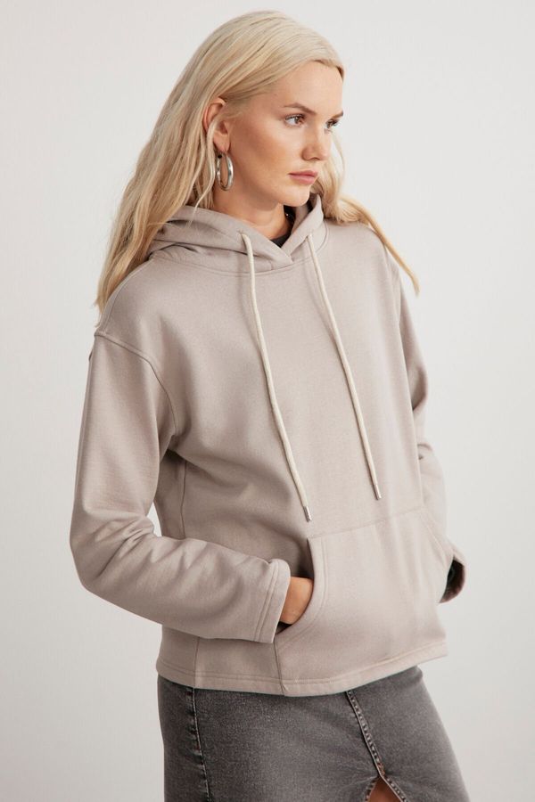 GRIMELANGE GRIMELANGE Gayle Women's Hooded Relaxed Fit Basic Beige Sweatshirt with Fleece Inside