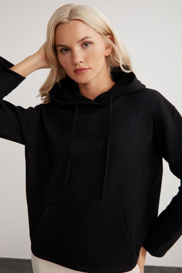 GRIMELANGE GRIMELANGE Gayle Women's Hooded Relaxed Fit Basic Black Sweatshirt with Fleece Inside