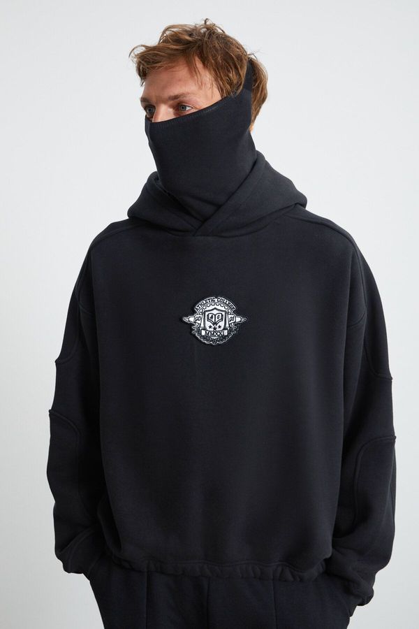 GRIMELANGE GRIMELANGE Hampus Men's Masked Polar Fleece Soft Embroidered Comfort Organic Cotton Black Sweatshir