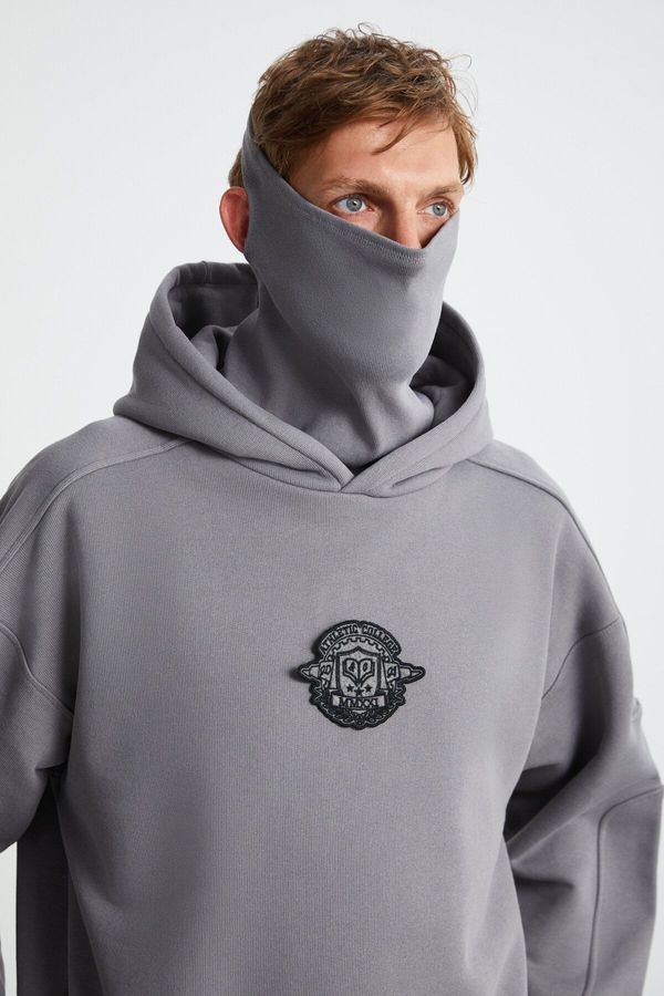 GRIMELANGE GRIMELANGE Hampus Men's Masked Polar Fleece Soft Embroidered Comfort Organic Cotton Light Gray Sweatshir