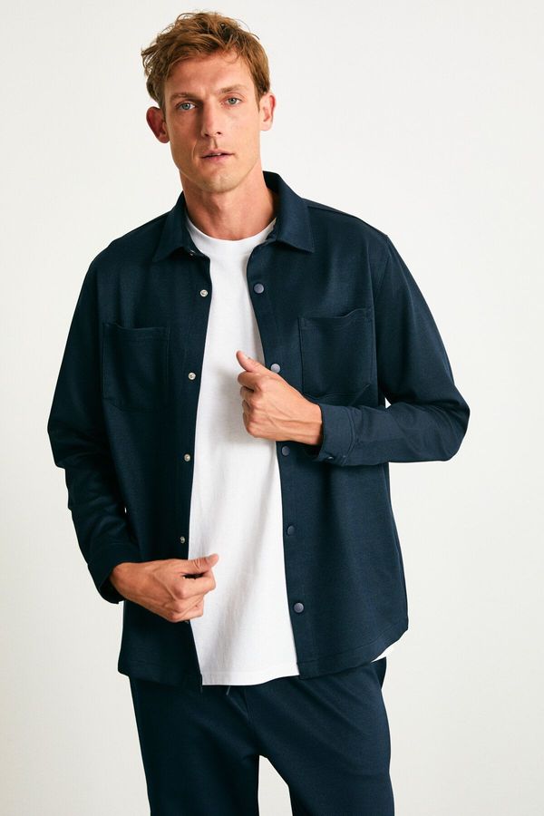 GRIMELANGE GRIMELANGE Jacquard Men's Regular Fit Standard Cut Classic Collar Patterned Navy Blue Shirt with Snap Fasteners