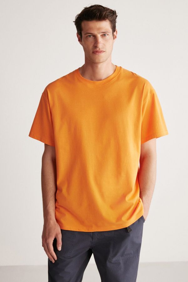 GRIMELANGE GRIMELANGE Jett Men's Oversize Fit 100% Cotton Thick Textured Orange T-shirt