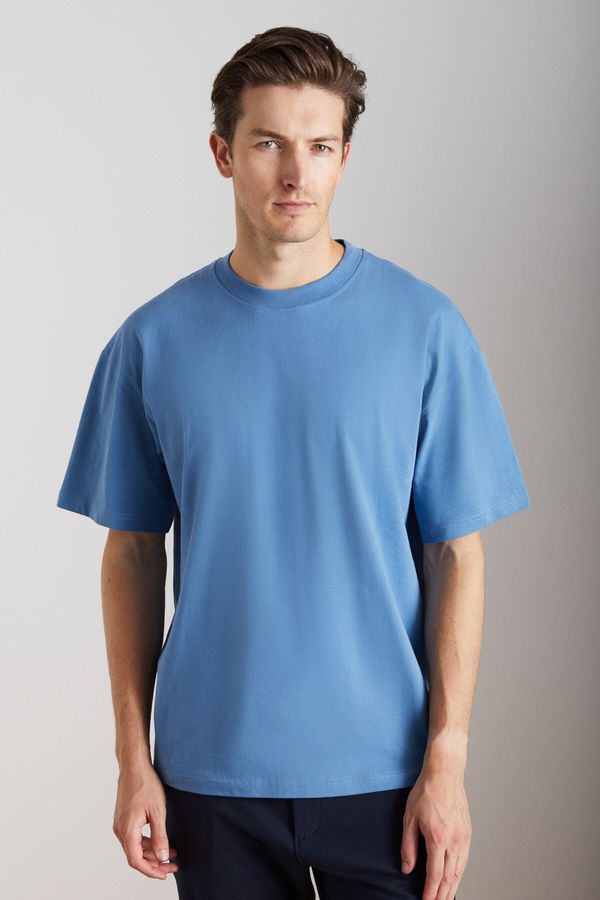 GRIMELANGE GRIMELANGE Jett Men's Oversize Fit 100% Organic Cotton Thick Textured Crew Neck Indigo T-shirt