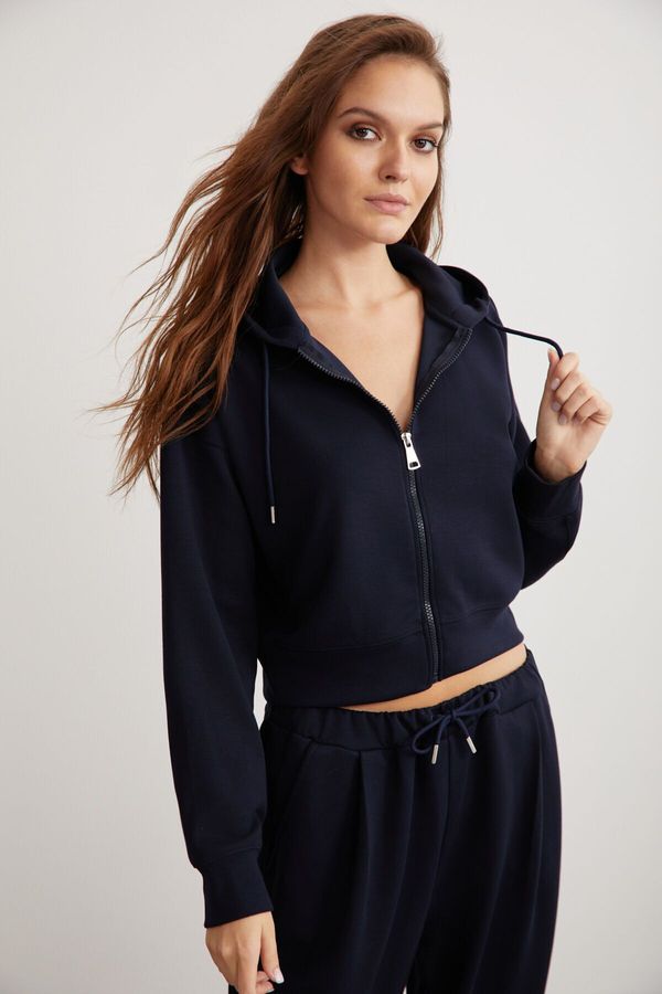 GRIMELANGE GRIMELANGE Jıll Women's Hooded Zippered Crop Navy Blue Sweatshirt