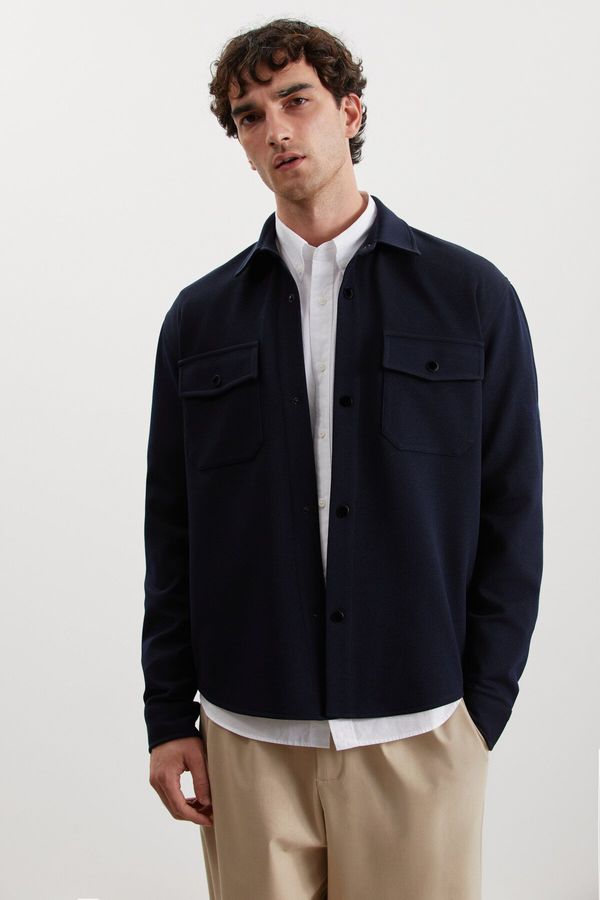 GRIMELANGE GRIMELANGE Jones Men's Special Pique Look Thick Fabric Closed Pocket Navy Blue Jacket with Snaps