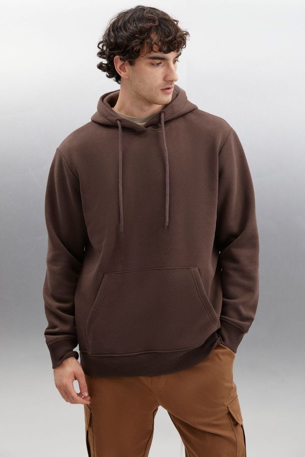 GRIMELANGE GRIMELANGE Jorge Men's Soft Hooded Organic Cotton Kangaroo Pocket Regular Bitter Coffee Sweatshirt