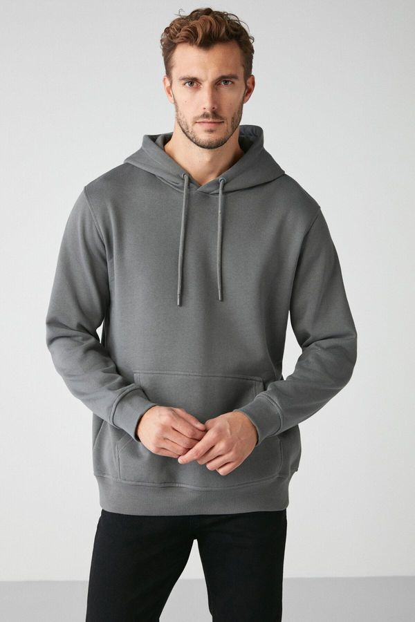 GRIMELANGE GRIMELANGE Jorge Men's Soft Hooded Organic Cotton Kangaroo Pocket Regular Dark Grey Sweatshirt