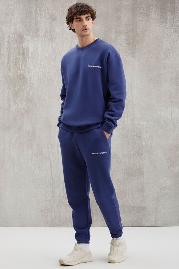 GRIMELANGE GRIMELANGE Marshall Men's Cotton Fleece Embroidered Relaxed Navy Blue Tracksuit Se