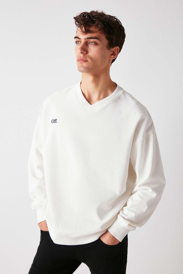 GRIMELANGE GRIMELANGE Off Men's Organic Cotton Letter Embroidery Detailed V-Neck Non-Polarized Oversize White Sweatshirt