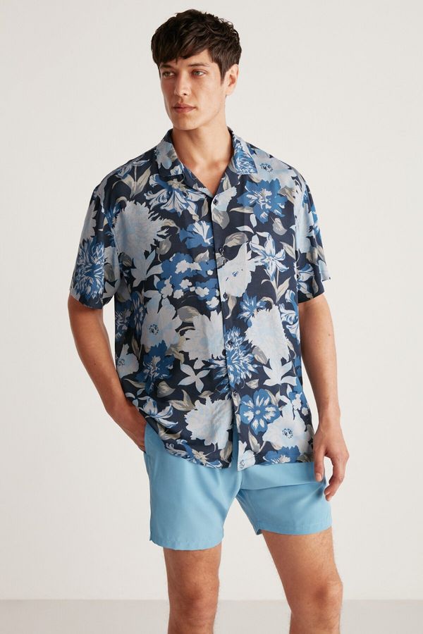 GRIMELANGE GRIMELANGE Paros Men's Patterned Flowy Thin Pillow Fabric Summer Multi Color Shirt