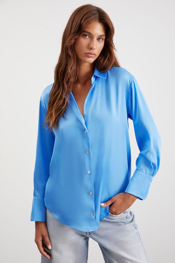 GRIMELANGE GRIMELANGE Sheila Women's Premium Satin Woven Relaxed Fit Casual Cut Long Sleeve Pocketless Blue Shirt