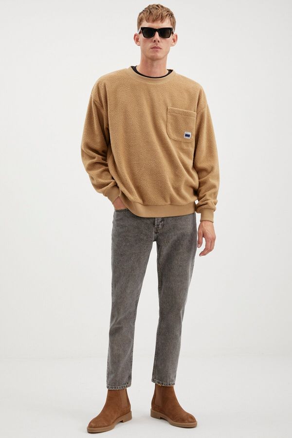 GRIMELANGE GRIMELANGE Thompson Men's Fleece Thick Textured Light Brown Sweatshirt with Pocket And Ornamental Labe