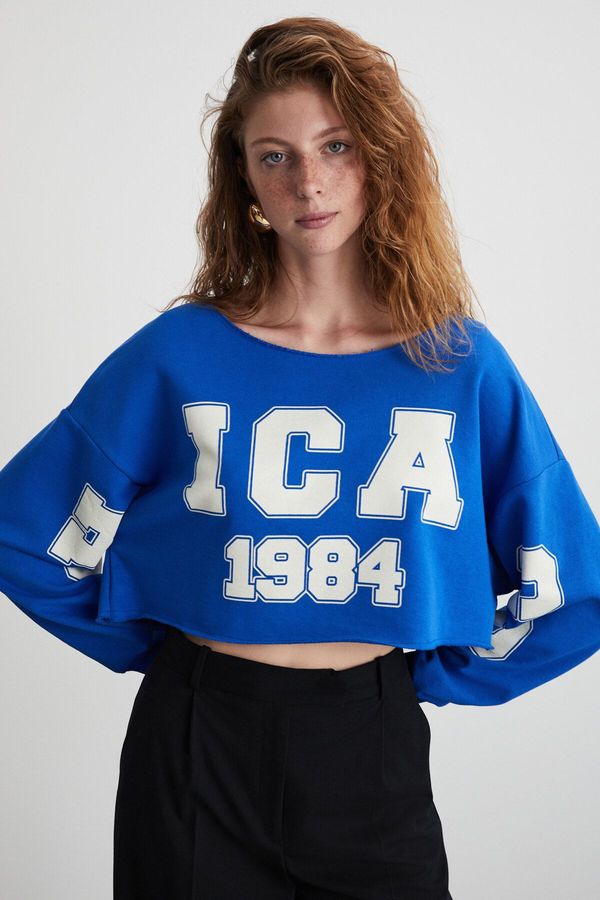 GRIMELANGE GRIMELANGE Tılde Women's Soft, Inside Raised Print Detailed Regular Organic Cotton Knitted Crop Dark Blue Blouse