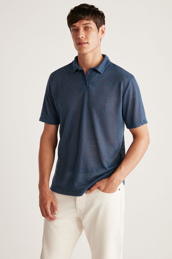 GRIMELANGE GRIMELANGE Toby Men's Polo Linen Look Tiril Tiril Fabric Navy Blue Polo Collar T-shirt