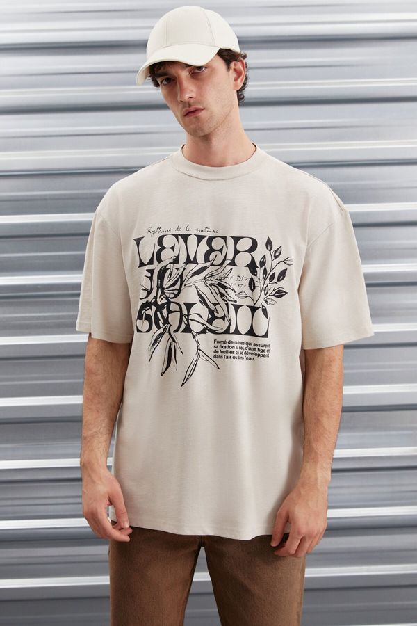 GRIMELANGE GRIMELANGE Trae Men's Regular Fit 100% Cotton Printed Beige T-shirt