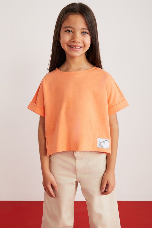 GRIMELANGE GRIMELANGE Verena Girl's 100% Cotton Double Sleeve Orange T-shirt with Ornamental Labe