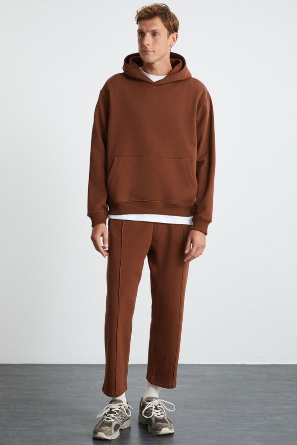 GRIMELANGE GRIMELANGE WALFRED Men's 100% Organic Cotton 3 Thread Non-raised Front Ribbed Brown Sweatpant