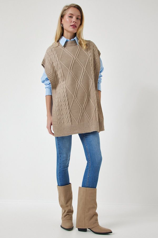 Happiness İstanbul Happiness İstanbul Beige Tie Detailed Oversize Knitwear Sweater
