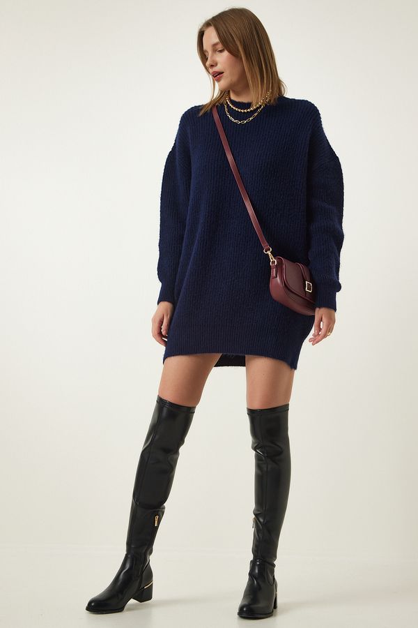 Happiness İstanbul Happiness İstanbul Navy Blue Oversize Long Basic Knitwear Sweater