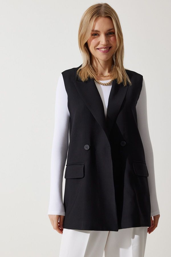 Happiness İstanbul Happiness İstanbul Woman's Black Shawl Collar Double Breasted Woven Vest