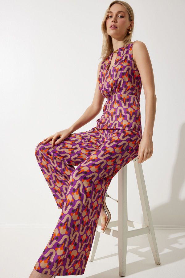 Happiness İstanbul Happiness İstanbul Woman's Purple Beige Patterned Satin Jumpsuit