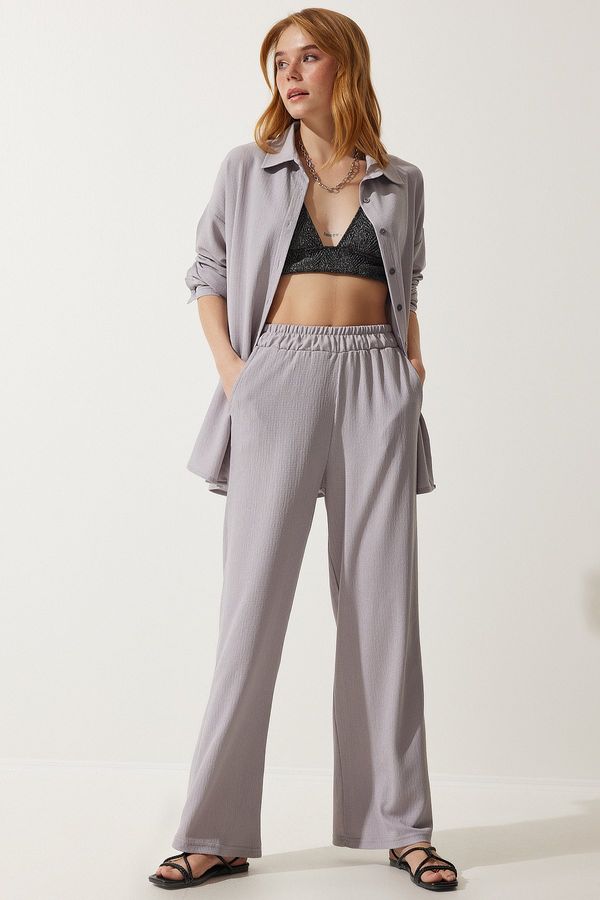 Happiness İstanbul Happiness İstanbul Women Gray Casual Knitted Shirt Pants Suit