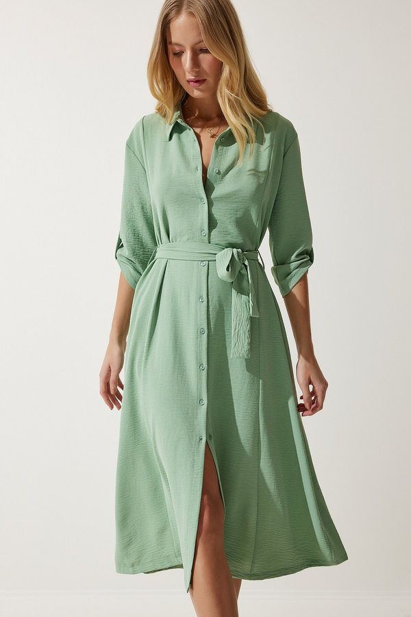 Happiness İstanbul Happiness İstanbul Women's Almond Green Belted Shirt Dress